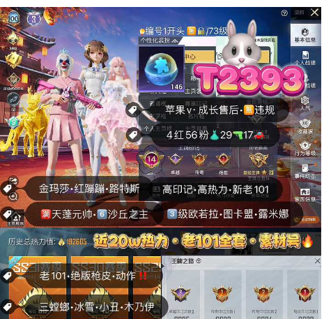 和平精英账号苹果微信【 T2393】苹果v‼ 成长可改无违规 20w热力  3级图卡盟 妮芮妲 欧若拉 露米娜 新老101 冰雪 小丑 猪妹 木乃伊 金玛莎 红蹦 幻星粉 路特斯 56粉 4红 29枪17车
