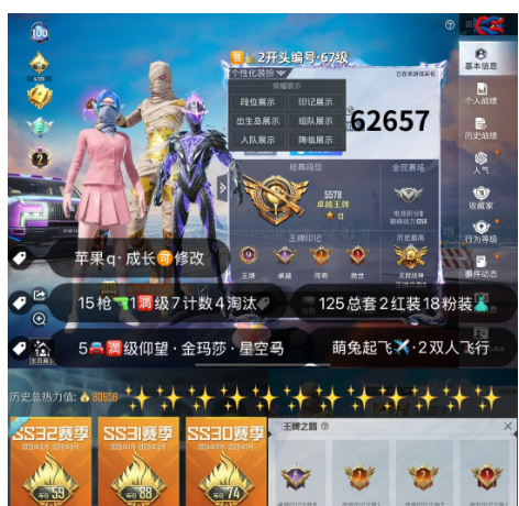和平精英账号苹果QQ 【素材】编号62657  果Q可改，地铁满天赋，2级图卡盟，塞卢姆，新老101，觉醒，螳螂，赤蝎，都市，金鞋子，灵感，洛天依，放客，稻草人，小白龙，满级U8，金玛莎，星梦玉骢，盖世，天蓬，