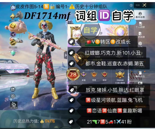 和平精英账号苹果微信词组ID自学    ‼ 【DF1714mf】苹果V可改 红螳螂 巧克力 新101 小丑 都市 金鞋 巡查衣 赤蝎 第五 放克 猪妹 小狐 胖达 红眼罩 满级星河领航 蓝蹦 兔飞机 满恋语满仙