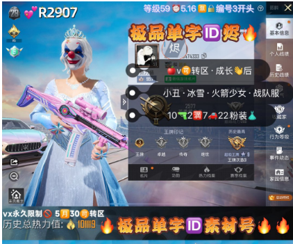 和平精英账号苹果微信【R2907】 ‼  极品单字ID烬 苹果v可转区 成长售后 小丑 冰雪 战队服 粉色回忆 花仙子 10特效 2满7车22粉装