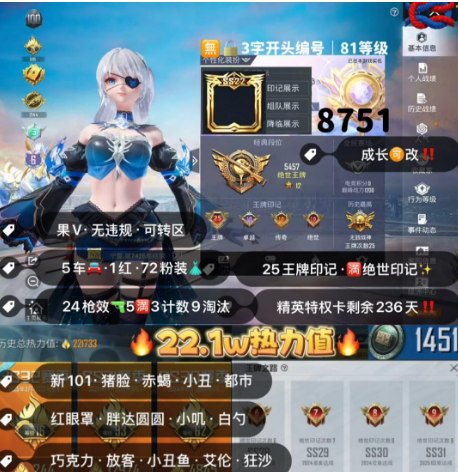 和平精英账号苹果微信 编号8751  果V可改，地铁满天赋，24高印记，战神框，满绝世，6级欧若拉，新101，巧克力，猪妹，小丑，追光，小叽，白勺，第五大道，奶龙，灵感，放客，都市，狂沙，金玛莎，星梦玉骢，星梦