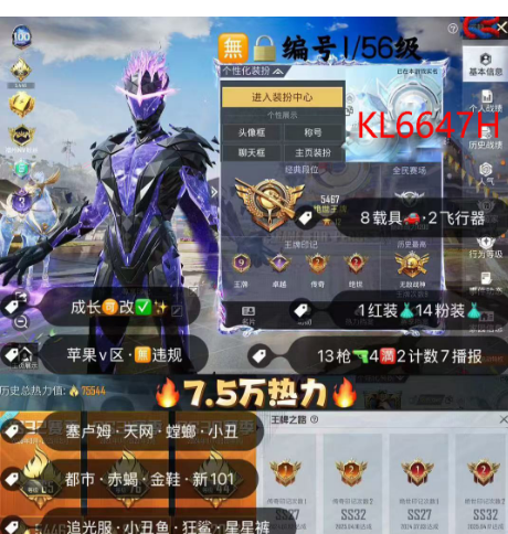 和平精英账号苹果微信编号KL6647H    ‼苹果v 无违规 可转区 可改成长 战神框 塞卢姆 天网 螳螂 乔克 赤蝎 金鞋 都市 星星裤 火箭 追光服 满墨龙九天 14粉装 1红 13特效 8载具