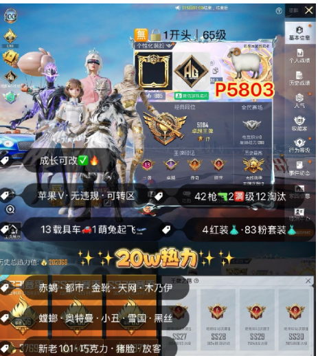 和平精英账号苹果微信【5803】/v区 老101   图卡盟 欧若拉 赛卢姆 极限特训 赤蝎 都市 金鞋子 天网 三螳螂 金迪迦 小丑  冰雪 黑丝 木乃伊 新101 巧克力 猪妹 洛天依 暖熊 猪妹 甜梦小狐