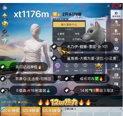 和平精英账号苹果QQ【xt1176m】  s4s5s6 3老框苹果Q 可二次木乃伊 新101 雪国 红螳螂 鲨鱼裤 馨动时刻 波比 小丑鱼 白熊 小黄鸭 花仙子 合金龙骨 粉熊背包 18粉 14特效 3满5载具