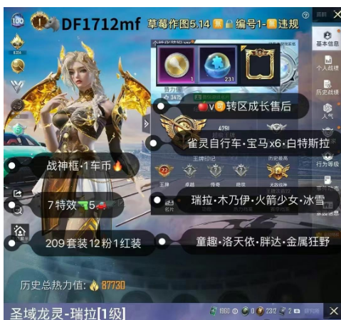 和平精英账号苹果微信【DF1712mf】 苹果v 战神框 1车币 瑞拉 木乃伊 火箭少女 冰雪 童趣 洛天依 胖达 金属狂野 7特效 5车12粉1红装 雀灵自行车 宝马x6 白特斯拉 龙灵98k 满童趣满柠檬g