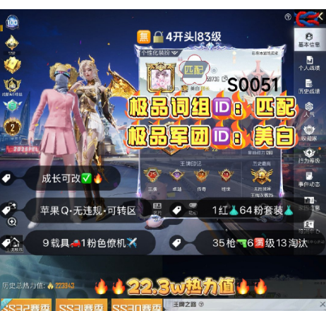 和平精英账号苹果QQ 编号S0051  果Q可改，词组ID匹配，军团ID美白，战神框，25高印记，满绝世，战神框，2级瑞拉，新老101，木乃伊，螳螂，都市，金鞋子，放客，巧克力，猪妹，洛天依，2B，第五大道，小