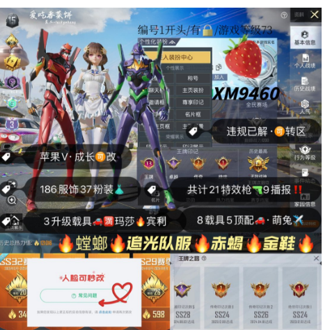 和平精英账号苹果微信编号XM9460  果ｖ可秒改 战神框521绝世 红色印记 地铁天赋 紫色logo 3级 镜域-欧若拉 螳螂 追光服  冰雪 乔客小丑  巧克力 三姐妹  特训 赤蝎 金鞋 都市 小丑鱼 猪