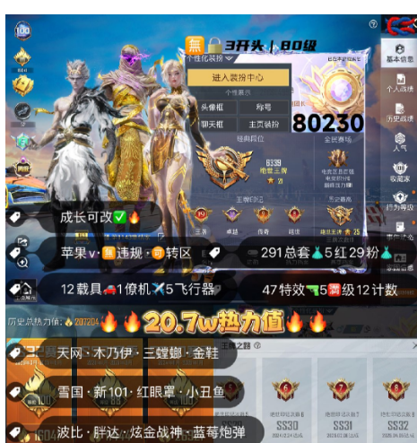 和平精英账号苹果微信 编号80230  果V可改，19印记，满级图卡盟，瑞拉，维塔，塞卢姆，熬渊，天网，木乃伊，三色螳螂，金鞋子，雪国，新101，稻草人，树人，5级U7，2级帕加尼，2级M4，2级F1，瑞兽，自