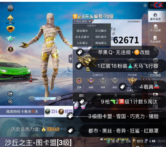 和平精英账号苹果QQ 编号62671  果Q可改，3级图卡盟，雪国，新101，巧克力，猪妹，狂沙，都市，狂沙，沙丘之主，9特2满1计数5淘汰，送王者369皮，1珍品·4水晶·2星传说·3内测，打野 36段·对抗