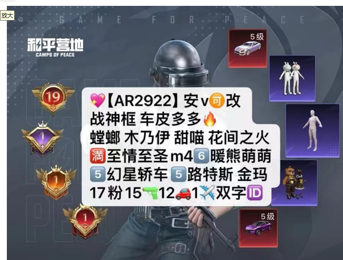 和平精英账号安卓QQ【AR2922】 ‼ 安v可改 战神框 车皮多多  红螳螂 木乃伊 甜喵 花间之火 满至情至圣m46⃣暖熊萌萌 5⃣幻星轿车5⃣路特斯 金玛莎 17粉 15枪12车1✈双字ID