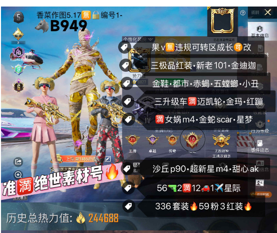 和平精英账号苹果微信准满绝世素材号•六级图卡盟 【B949】 苹果v 成长可改•带无畏契约（有赋能挂件） 露米娜 维塔 新老101 金迪迦 小丑 金鞋 木乃伊 冰雪 都市 赤蝎 五螳螂 巧克力 满迈凯轮炫冰蓝 