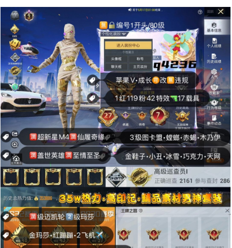 和平精英账号苹果微信编号q4236  苹果V成长可改无违规无锁 3级图卡盟 螳螂 赤蝎 巡查 天网 巧克力 战队服 金鞋子 小丑 都市 木乃伊 冰雪 1红119粉装42特效17载具2飞机✈ 满级超新星M4满级仙
