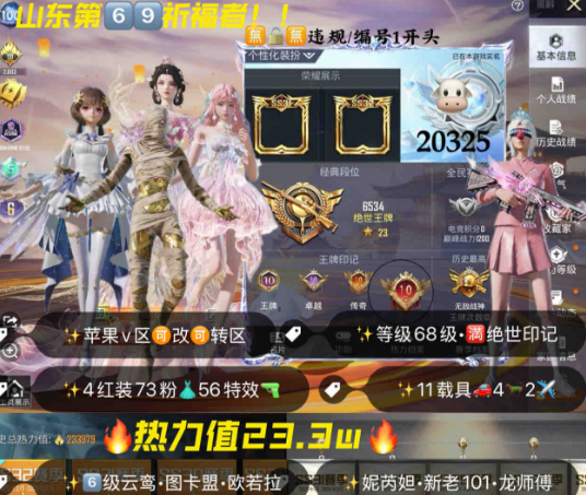 和平精英账号苹果微信编号20325  16把计数特效枪热门武器库 6级红装图卡盟 云鸾 妮芮妲 欧若拉 战神框×7  满绝世 粉丝标 果v 新老101 龙师傅上衣 乔克小丑 木乃伊 巧克力 猪脸妹 小番茄 金鞋
