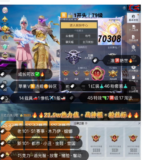 和平精英账号苹果微信 编号70308  果V可改，19印记，满绝世，战神框，满级图卡盟，新老101，S1套，木乃伊，螳螂，都市，小丑，金鞋子，追光，雪国，巧克力，猪妹，放客，黑丝，第五大道，洛天依，白勺，满级路