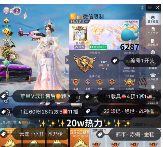 和平精英账号苹果微信编号6287  素材呺裙子多 20w热力 60粉28特效 红装云鸢 小丑 木乃伊 螳螂 雪国 巡查服 赤蝎 都市 金鞋子 巧克力 赵灵儿 番茄  猪妹 粉✈升级路特斯金玛莎麒麟马 粉马23高