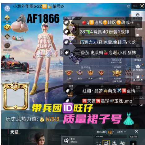和平精英账号苹果QQ【AF1866】 ‼裙子 苹果q可改成长满天赋 巧克力 小丑 冰雪 金鞋 马卡龙 番茄 史莱姆  泡泡 小狐 猪妹 红蹦 晶梦 萌兔✈满至情满天蓬满星球 玉魂ump 28枪4载具40粉装1战