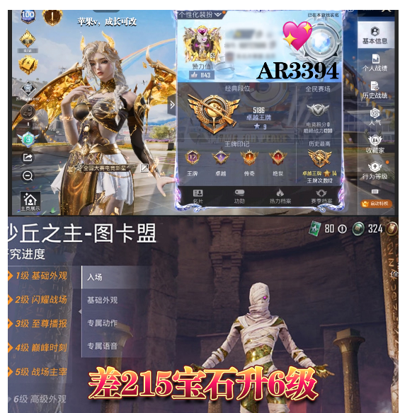和平精英账号苹果微信【AR3395】 ‼苹果v成长可改 差215宝石升6级 5⃣级红装图卡盟 瑞拉 木乃伊 螳螂 金鞋子 都市 放客 新101  白勺 淑猫 小丑女 猪妹 小白龙 8⃣级至情至圣7⃣级盖世英雄 