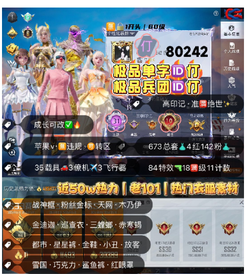 和平精英账号苹果微信 编号80242  果V可改，单字ID仃，同军团ID，31印记，满绝世，战神框，6级图卡盟，露米娜，瑞拉，欧若拉，新老101，天网，木乃伊，金迪迦，巡查，小丑，三色螳螂，觉醒，赤寒蝎，星星裤