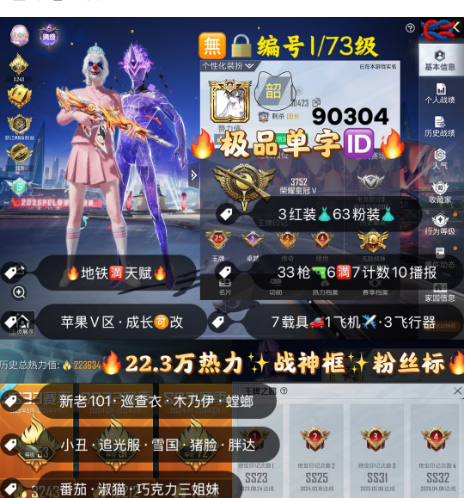 和平精英账号苹果微信编号90304  果V无锁 可转区可改人脸 极品单字ID韶 金标战队 巡查 3红装 满级瑞拉 塞卢姆 妮芮妲 63粉装33特效枪7把9级6满级 新老101 巡查服 紫螳螂 木乃伊 千面 小丑