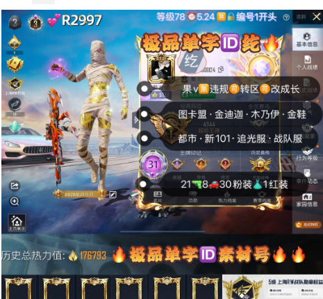 和平精英账号苹果微信【R2997】 ‼ 极品单字ID纥 苹果v无违规可转区可改成长 图卡盟 金迪迦 赵灵儿 木乃伊 新101追光 都市 金鞋 太空漫步 放客 兔斯基 21枪5满8车30粉装 1红装