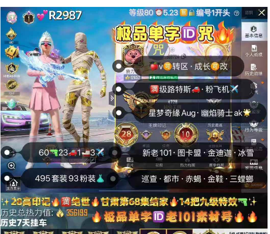 和平精英账号苹果微信【R2987】 极品单字ID咒 苹果v可转区可改成长 新老101 图卡盟 三螳螂 金迪迦 冰雪小丑 都市 巡查 赤蝎 金鞋 黑丝 放客金迪迦 三螳螂 木乃伊 小丑女 巧克力 60枪23车1船