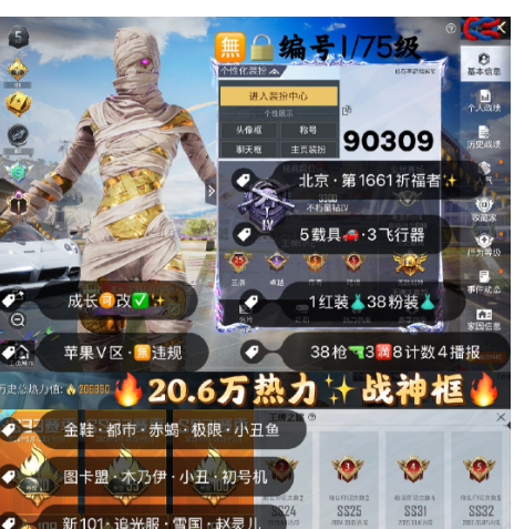 和平精英账号苹果微信 编号90309  果V可改，25印记，战神框，图卡盟，木乃伊，小丑，觉醒，金鞋子，赤蝎，飞龙，追光，狂沙，雪国，新101，赵灵儿，洛天依，巧克力，猪妹，放客，稻草人，星梦玉骢，红蹦蹦，满级