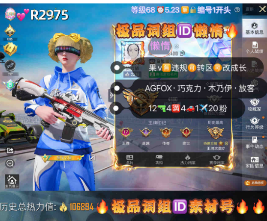 和平精英账号苹果微信【R2975】 ‼  极品词组ID懒惰 苹果v无违规可转区可改成长 AGFOX 巧克力 火箭少女 放客 花仙子 12特效 4满4车1✈20粉装 