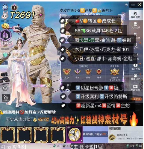 和平精英账号苹果微信【T2691】 ‼苹果V可改 4战神框 战队紫标 3级云鸾 图卡盟 金迪迦 5螳螂 木乃伊 冰雪 巧克力 新101 小丑 巡查 都市 赤寒蝎 金鞋 星星裤 天网 黑丝 极限 放客 第五大道 