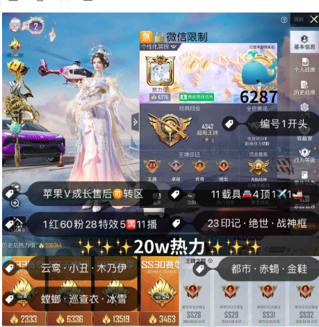 和平精英账号苹果微信 编号6287  素材呺裙子多 20w热力 60粉28特效 红装云鸢 小丑 木乃伊 螳螂 雪国 巡查服 赤蝎 都市 金鞋子 巧克力 赵灵儿 番茄  猪妹 粉✈升级路特斯金玛莎麒麟马 粉马23