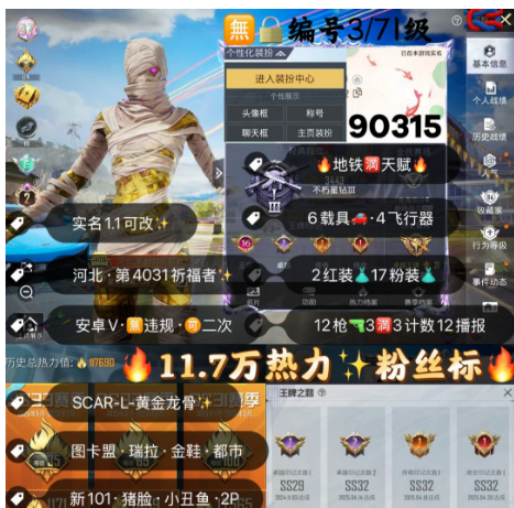 和平精英账号安卓微信编号90315  安V成长可改 2级图卡盟 瑞拉 金鞋 都市 猪妹 樱桃泡泡 千金淑猫 新101 胖达姐妹 幽焰骑士AK 墨龙M4 圣域龙灵98K 水晶马 绿合金龙骨 玛莎 6载具  2红1