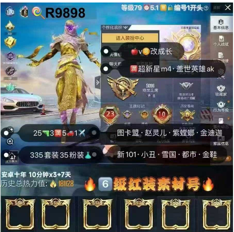 和平精英账号苹果微信编号R9898  6级红装图卡盟满绝世战神  成长可改 素材 高印记 不可转区 赵灵儿 金迪迦 螳螂 木乃伊 冰雪 先去看了 小丑 金鞋 都市 小狐 追光 胖哒 猪妹 放客 淑猫 甜喵 2级