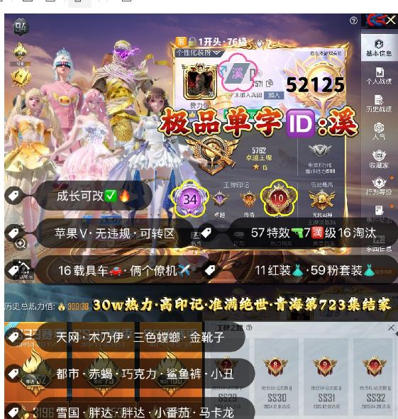 和平精英账号苹果微信 编号52125  果V可改，单字ID溪，34印记，满绝世，战神框，满级图卡盟，露米娜，欧若拉，妮芮妲，墨龙九天，烛九，云鸾，塞卢姆，维塔，关公，赵云，新老101，天网，木乃伊，三色螳螂，赤