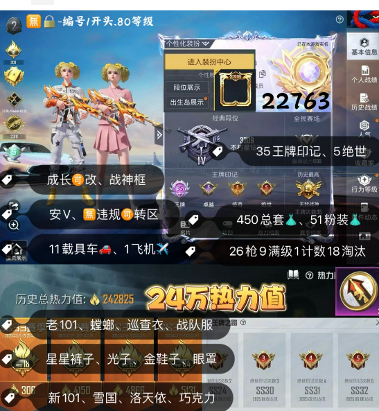 和平精英账号苹果微信 编号22763  安V可改，战神框，35印记，新老101，螳螂，星星裤，巡查，十周年，金鞋子，追光，雪国，洛天依，巧克力，猪妹，飞龙，灵感，狂魅哈莉，放客，5级玛莎，金玛莎，铂特，红蹦蹦，