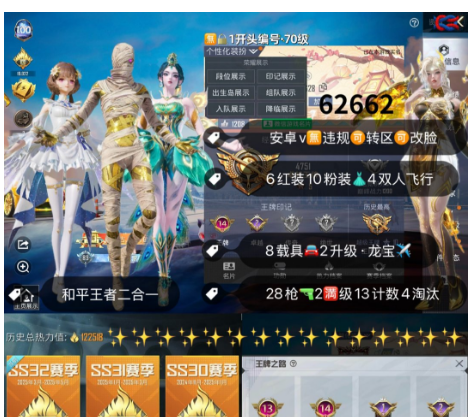 和平精英账号苹果微信 编号62662  安V可改，15印记，4级图卡盟，瑞拉，初翊，露米娜，欧若拉，维塔，新101，4级M4，帕加尼，瑞兽，星梦玉骢，自行车，满级女蜗灵识，圣域龙灵，星梦奇缘，精灵之光，金蛇镇世