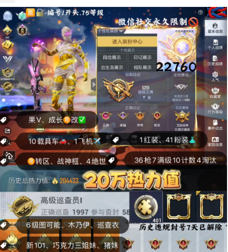 和平精英账号苹果微信 编号22760  果V可改，地铁满天赋，16印记，战神框，6级图卡盟，木乃伊，巡查，小丑，巡查，新101，雪国，巧克力，猪妹，金迪迦，狂魅哈莉，赵灵儿，放客，帕加尼，红蹦蹦，星梦玉骢，瑞兽