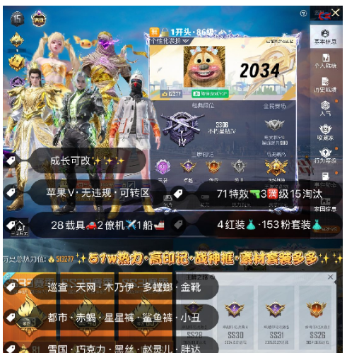 和平精英账号苹果微信 编号2034 果V可改，33高印记，战神框，满级图卡盟，露米娜，维塔，烛九，巡查，天网，木乃伊，都市，金鞋子，三色螳螂，金迪迦，赤蝎，星星裤，雪国，巧克力，黑丝，赵灵儿，灵感，洛天依，小白