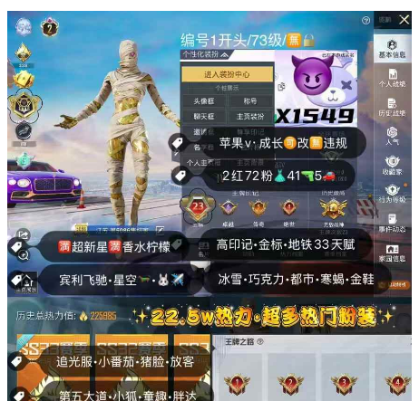 和平精英账号苹果微信【x1549】   果v 成长可改 金标 图卡盟 敖渊 冰雪 巧克力 寒蝎 金鞋 3级宾利 满级超新星m4 星梦马 2红72装41枪5车1✈
