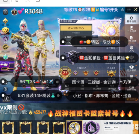 和平精英账号苹果微信【R3048】苹果v无违规可转区可改成长 图卡盟 三螳螂 金迪迦 木乃伊 巧克力小丑 都市 赤寒蝎 金鞋 冰雪 太空漫步 66枪33车1船1✈149粉装2红装