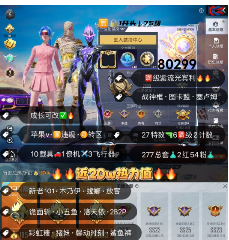 和平精英账号苹果微信 编号80299  果V可改，战神框，2级图卡盟，塞卢姆，新老101，木乃伊，螳螂，新101，放客，猪妹，洛天依，2B，奶龙，满级飞驰，2级路特斯，M4，欧陆，升级玛莎，金玛莎，瑞兽，沙丘之