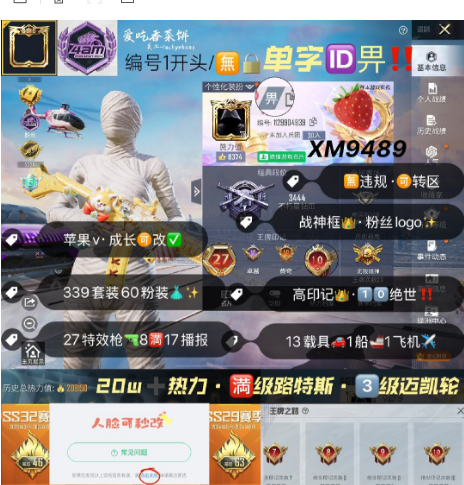 和平精英账号苹果微信编号XM9489  果V可秒改 战神框  单字ID畀 可补28印记‼可补满绝世11✖3 冰雪 木乃伊 螳螂 巡查 乔客小丑 巧克力 天网 赤蝎 洛天依 白芍歌姬 13车3升级载具满级路特斯 