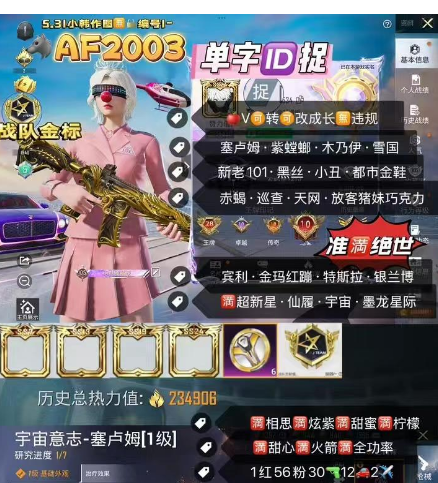 和平精英账号苹果微信单字ID捉 【AF2003】苹果V-可改成长101素材号  战队金标 准满绝世‼ 塞卢姆 紫螳螂 木乃伊 雪国 新老101 黑丝 小丑 都市金鞋 赤蝎 巡查 天网 放客 猪妹 巧克力 宾利 