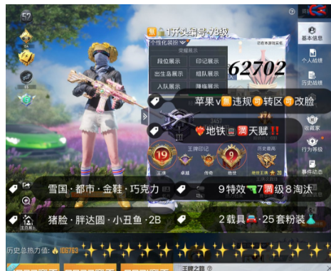 和平精英账号苹果微信 编号62702  果V可改，地铁满天赋，雪国，新101，金鞋子，巧克力，猪妹，放客，2B，狂沙，第五大道，洛天依，9特7满8淘汰，25粉，2载具