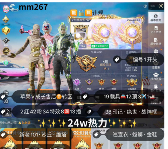 和平精英账号苹果微信编号mm267   苹果V成长售后可转区无锁 新老101 沙丘 维塔 小丑 木乃伊 金鞋 巡查衣 赤寒蝎 冰雪 巧克力 螳螂 2红42粉34特效8满13播报19  12顶3✈1船 满玛莎 5