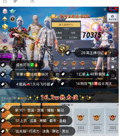 和平精英账号苹果微信 编号70375 果V可改，29印记，3级图卡盟，S1，巡查，寒蝎，都市，金鞋子，追光，新101，狂魅哈莉，雪国，巧克力，放客，猪妹，狂沙，黑丝，第五大道，小白龙，3级路特斯，金玛莎，沙丘之