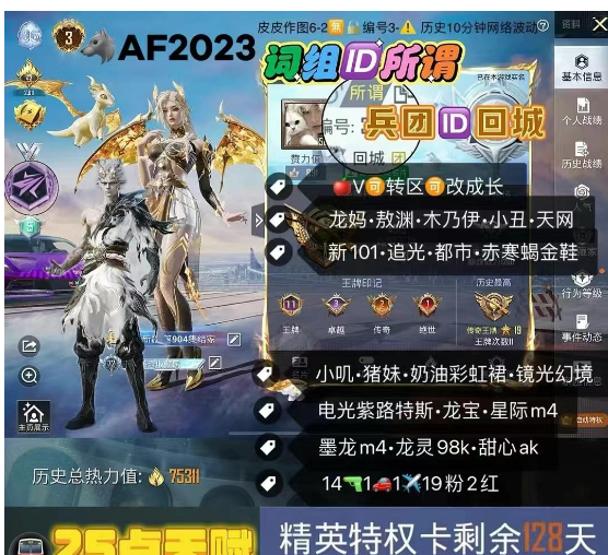 和平精英账号苹果微信词组ID所谓 兵团ID回城 【AF2023】  ‼ 苹果V可改成长 战队紫标2红装 3级龙妈 敖渊 木乃伊 小丑 天网 新101 追光服 都市 赤寒蝎 金鞋 小叽 猪妹 奶油彩虹裙 镜光幻境
