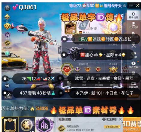 和平精英账号苹果微信【Q3061】 ‼ 极品单字ID谆 苹果v无违规可转区可改成长 冰雪 巡查 赤寒蝎 金鞋 木乃伊 新101黑丝 小丑鱼 胖达 花仙子 彩虹奶油裙 26特效 12车1船1✈48粉装路人