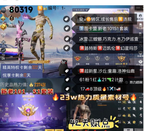 和平精英账号安卓微信 编号80319 安V售后，3级图卡盟，新老101，S1套，雪国，三色螳螂，巧克力，木乃伊，追光，巡查，洛天依，小白龙，赤蝎，灵感，星际，星星裤，满级路特斯，满级迈凯伦，满级玛莎，2级路特斯
