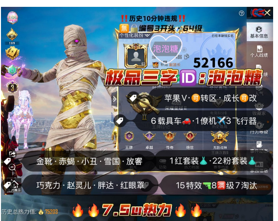 和平精英账号苹果微信 编号52166  果V可改，ID泡泡糖，战神框，3级图卡盟，金鞋子，小丑，雪国，巧克力，赵灵儿，猪妹，赤蝎，奶龙，粉玛莎，晶梦灵驹，满级万古，魔法神域，幽焰骑士，15特8满3计数7淘汰，2