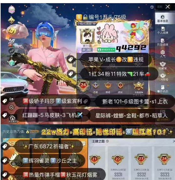 和平精英账号苹果微信编号Q4292  成长可改 高印记 22w热力 6级图卡盟 新老101 s1上衣 星际裤 螳螂 金鞋子 都市 稻草人 猪妹 鲨鱼裤 1红装34粉装11特效21车3飞机✈ 满级玛莎2级紫宾利·