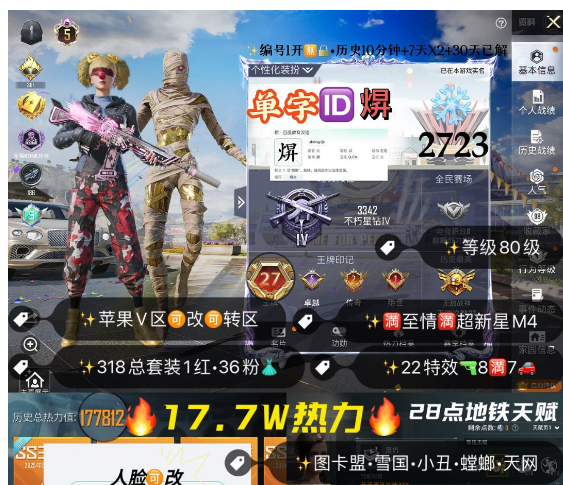 和平精英账号苹果微信编号2723   苹果V区可改 单字ID焺 5级沙丘图卡盟 雪国 小丑 木乃伊 螳螂 金鞋 赤寒蝎 天网 新101 巧克力 都市 胖哒 猪妹 放客 哥特 双马尾 第五大道 满超新星M4 满至